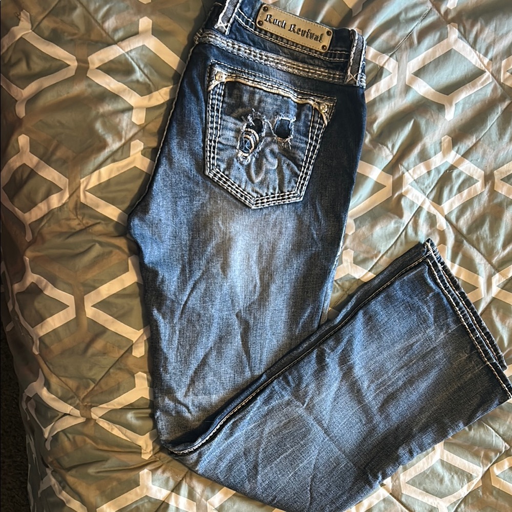 Rock Revival Blue Jeans with Orange Stitching